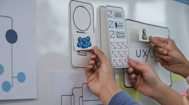 Close up ux developer and ui designer brainstorming interface wireframe design.Creative digital development agency.