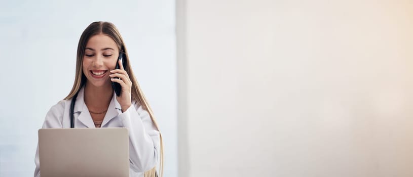 Phone call, woman and doctor with healthcare, talking and connection with network, mockup space and digital app. Person, employee and medical professional with a cellphone, communication and surgeon.