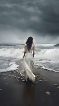 landscape woman storm dress wave summer sky sunset beautiful nature white cloud young beach ai sea ocean horizon model dramatic lifestyle. Generative AI.