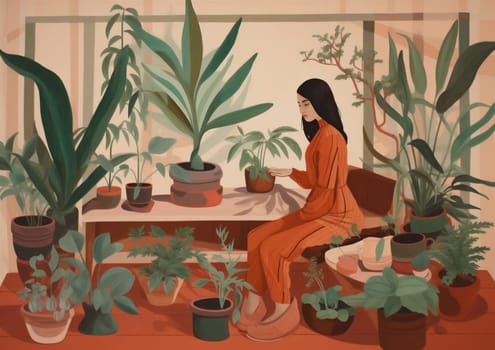 woman cozy flower hobby entrepreneur floral gardener interior florist workplace potted leaf indoor room botanist calm home pot horticulture lifestyle occupation houseplant. Generative AI.