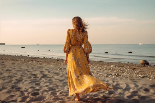 woman girl fashionable beautiful dress sea sunlight happiness paradise relax pretty summer fashion lifestyle beach sunset person female hippie vogue model. Generative AI.