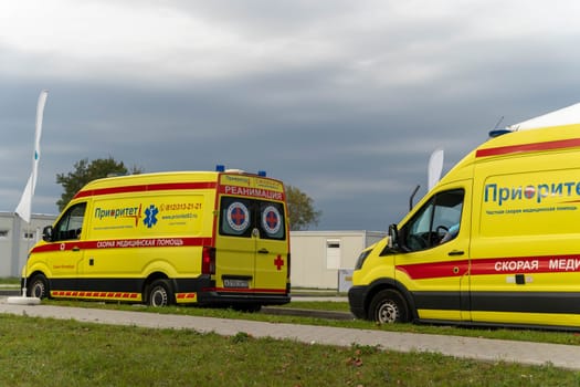 KRONSTADT, RUSSIA - SEPTEMBER 23, 2023: ambulance vehicle. Emergency help. Ambulance service, an ambulance is on duty at a mass event