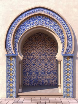 Moroccan architectural beauty with blue and gold tile patterns for artistic interior design inspiration.