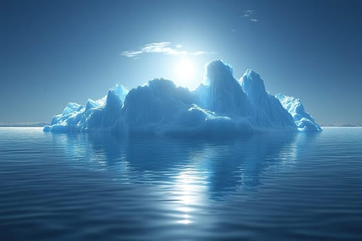 Iceberg with sun reflection in clear blue water. Iceberg and global warming concept. Floating ice in the ocean.