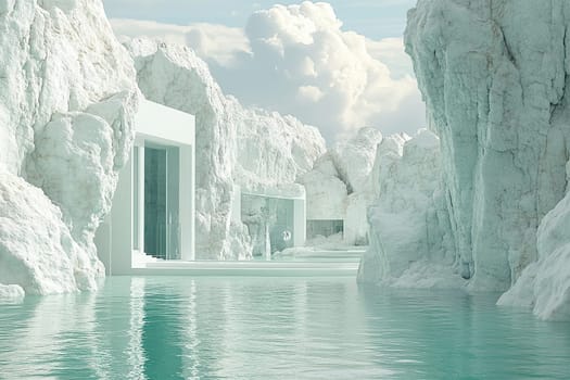 Abstract natural scene with white rocks and steps leading inside, surrounded by clear crystal water.
