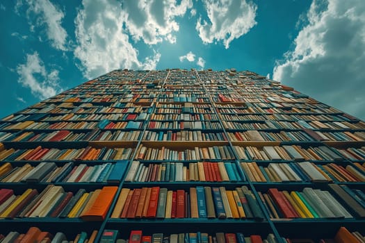 A wall of books goes high into the blue sky. Education concept.