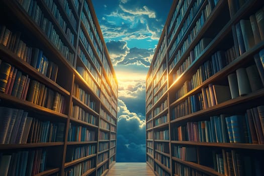 Library in the sky. The road to heaven is surrounded by tall shelves full of books.