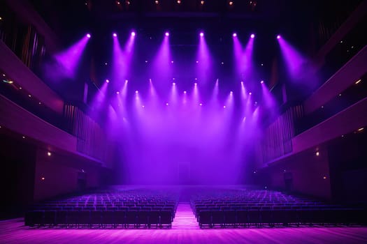 The empty concert hall stage in bright ultraviolet lights of spotlights before performance