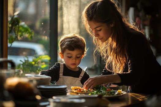 Family activities for kids at home. Mother and son cooking breakfast together in the kitchen.