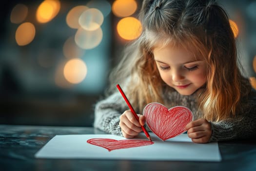 A little girl draws a heart with a red pencil on a white sheet of paper.