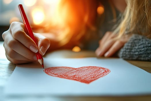 Hands of a young girl with red manicure draw a heart with a red pencil on white paper.