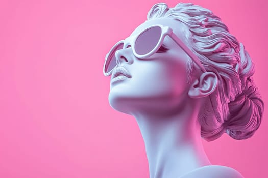 Beautiful female sculpture in ancient greek art style wearing sunglasses looking to the left on pink background. Fashionable photo of a girl statue.