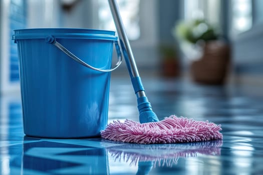 Blue bucket and mop for cleaning stand on clean floor close-up. Housework concept. Cleanliness maintenance concept.