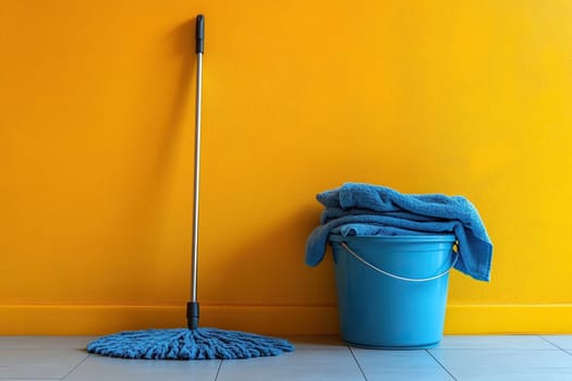 Mop, bucket and rag near yellow wall in cleaning room. House and office cleaning kit. Cleanliness maintenance concept.