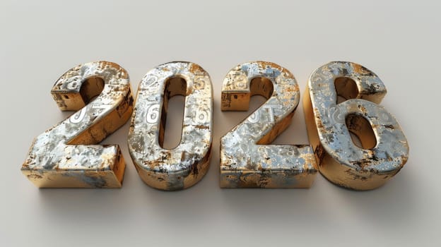 The numbers representing the year 2026 are presented in a metallic format, showcasing a weathered and aged appearance that features various textures and colors.