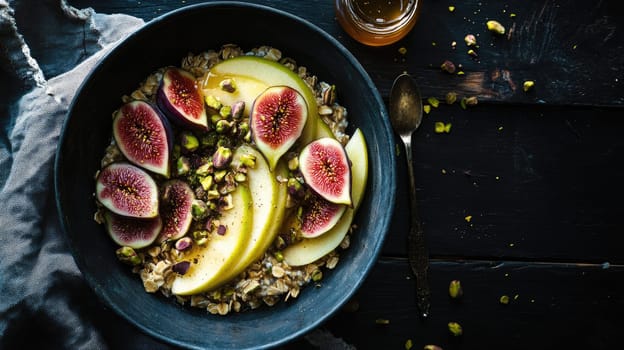 A breakfast bowl features sliced figs and apples arranged on oatmeal. Garnished with pistachios, it rests on a dark wooden table alongside a small jar of honey.