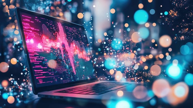 A laptop displays vibrant data visualizations while colorful lights create a warm and festive atmosphere. This creative setup suggests an innovative tech project or presentation.