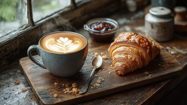 A cozy setting features a steaming cup of coffee beside a freshly baked croissant, accompanied by a dish of fruit preserves, all on a rustic wooden surface.