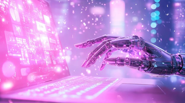 A highly detailed robotic hand reaches toward a laptop, displaying various colorful digital elements and glowing effects, emphasizing modern technology and innovation.