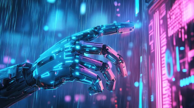 A robotic hand, designed with intricate metallic details, reaches out to a luminescent digital interface that emits vibrant neon colors in a futuristic setting.