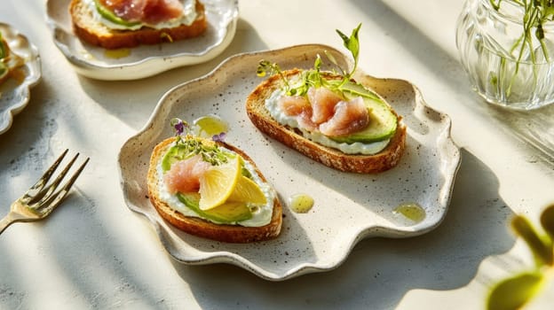 Delicate open-faced sandwiches topped with fresh cucumber, smoked salmon, and herbs are arranged on a light-colored plate. The soft sunlight enhances the appetizing scene.