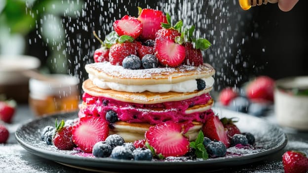 Fluffy pancakes are layered with colorful berries and whipped cream, topped with a sprinkle of powdered sugar at a charming cafe during brunch hours.