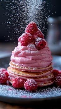 A stack of fluffy pancakes is adorned with pink whipped cream and fresh raspberries, dusted with powdered sugar, creating an enticing dessert.
