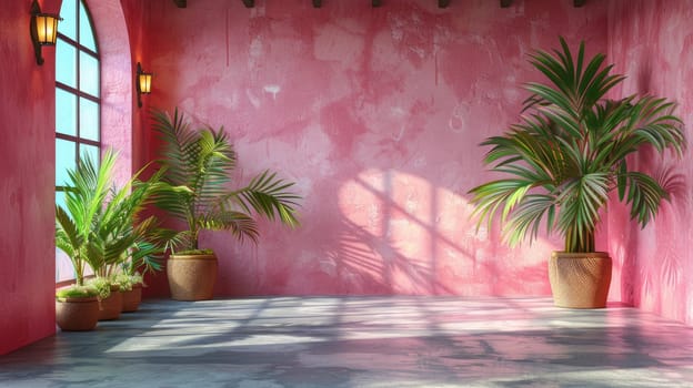 A lively interior features a bright pink wall, large windows allowing sunlight to pour in, and potted plants enhancing the vibrant ambiance of the space.