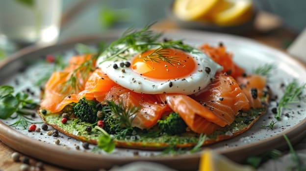 This brunch plate showcases a vibrant green base topped with smoked salmon, a perfectly poached egg, and fresh herbs. The dish is artfully arranged with colorful garnishes.