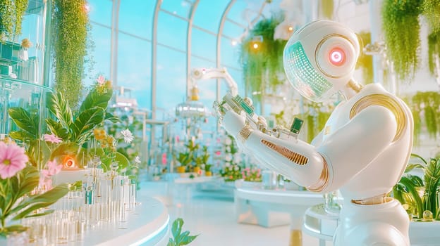 A robotic assistant observes and interacts with a variety of colorful plants in a modern greenhouse filled with lush greenery and vibrant flowers. Sunshine filters through large windows.