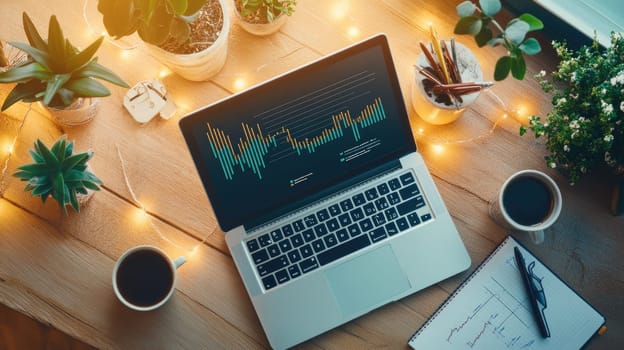 A laptop displays a colorful data graph in a bright workspace adorned with plants and notebooks. Two cups of coffee sit nearby, creating a productive atmosphere during the afternoon.