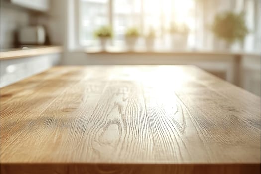 Wooden tabletop on blurred kitchen background. Can be used as mockup or design for product demonstration.