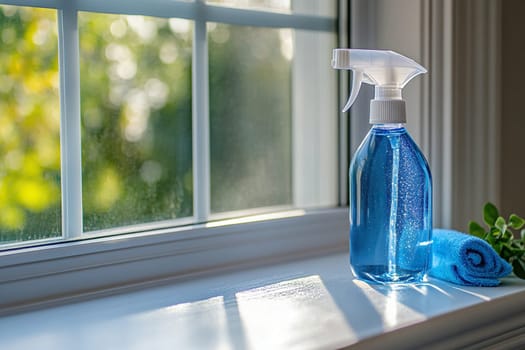 Window cleaning spray and window sill cleaning wipes stand on the windowsill