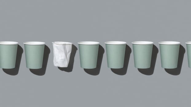 Disposable new light green paper cups and crumpled used white one in a line on gray top view, hard shadow, mockup with copy space. Empty cardboard coffee cups flat lay. Consumerism concept