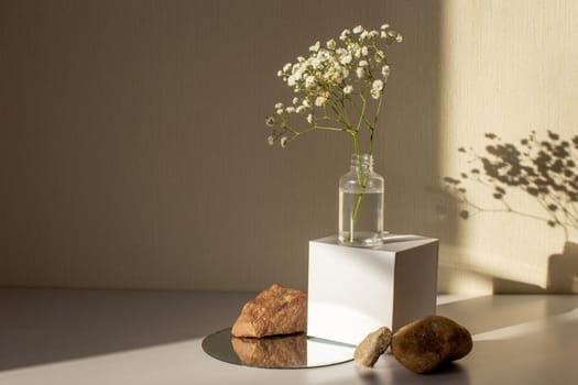 Minimalism still life with a branch of a gypsophila flower standing on a white paper cube, near three stones on a round mirror, on a beige background, copy space, abstract design concept.