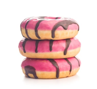Sweet pink donut with chocolate strips isolated on a white background.