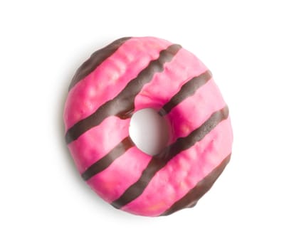 Sweet pink donut with chocolate strips isolated on a white background.