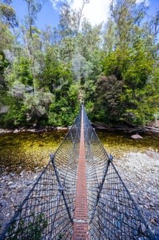 Frenchmans Cap Suspended Bridge in Franklin-Gordon Wild Rivers National Park on a hot summer's day in Tasmania, Australia