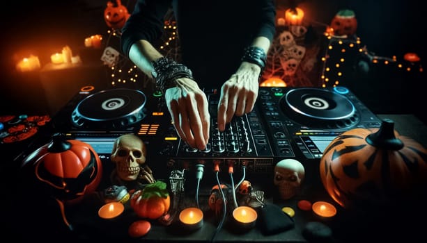 In the flickering candlelight, a skeleton DJ with an eerie mask masterfully spins tracks, setting the tone for a Halloween party that's both spine-chilling and rhythmically enchanting.