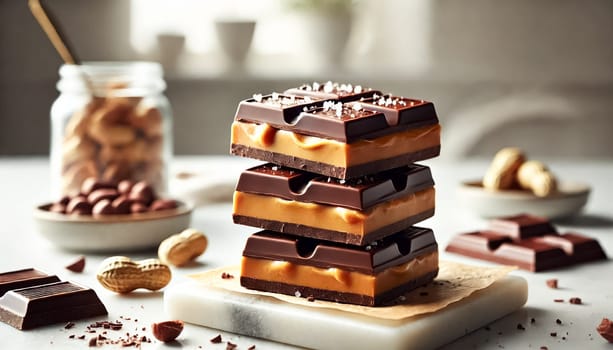 Close-up shots of thick peanut butter chocolate bars, showcasing a creamy peanut butter base topped with glossy dark chocolate and sprinkled with flaky sea salt. The bars are arranged in a rustic style, with some stacked and others scattered, creating a visually appealing presentation on a white surface.