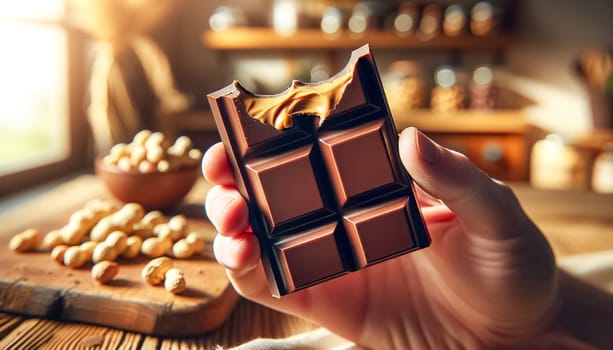 Close-up shots of thick peanut butter chocolate bars, showcasing a creamy peanut butter base topped with glossy dark chocolate and sprinkled with flaky sea salt. The bars are arranged in a rustic style, with some stacked and others scattered, creating a visually appealing presentation on a white surface.