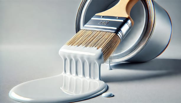 This angled view shows a paintbrush leaning against a paint can, with white paint dripping smoothly off the bristles. The glossy paint forms a gentle stream, highlighting the interaction between the brush and paint in a clean, minimalist setting.