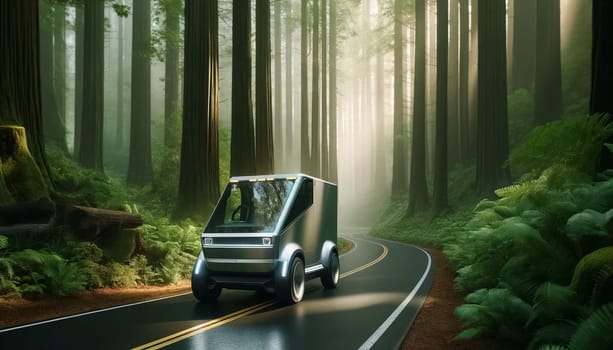 Silent and swift, an electric cargo truck traverses a forest road, bathed in the golden glow of sunbeams streaming through the lush canopy overhead.