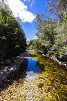 Frenchmans Cap Suspended Bridge in Franklin-Gordon Wild Rivers National Park on a hot summer's day in Tasmania, Australia