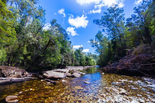 Frenchmans Cap Suspended Bridge in Franklin-Gordon Wild Rivers National Park on a hot summer's day in Tasmania, Australia