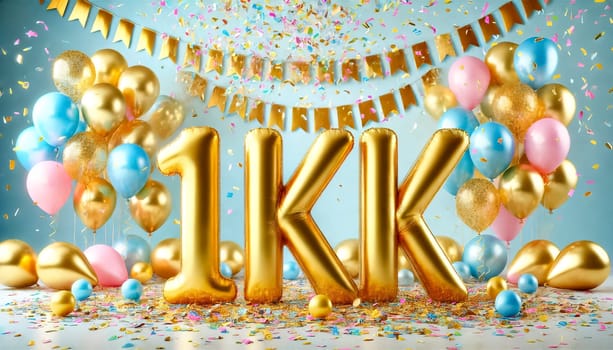 This lively celebration scene features large golden balloons spelling "1K" surrounded by colorful confetti and pastel balloons. A shallow focus effect blurs the background, with out-of-focus confetti floating in the air, enhancing the festive atmosphere.