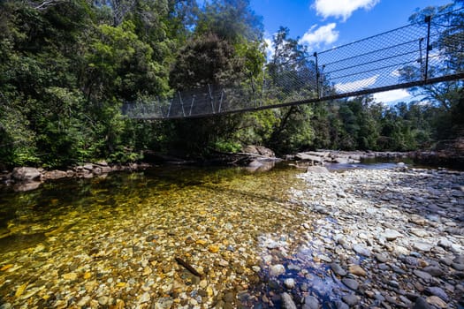 Frenchmans Cap Suspended Bridge in Franklin-Gordon Wild Rivers National Park on a hot summer's day in Tasmania, Australia