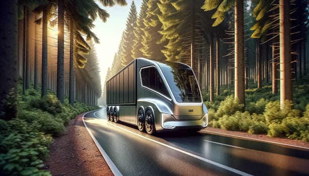 Silent and swift, an electric cargo truck traverses a forest road, bathed in the golden glow of sunbeams streaming through the lush canopy overhead.