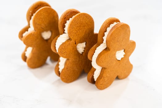 Gingerbread cookies filled with eggnog buttercream stand out, their rich hue complementing the eggnog buttercream, against a gentle background. These festive treats exude a homemade allure.