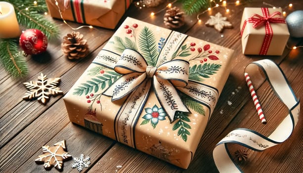 A charming Christmas present wrapped in homemade, hand-painted paper with a festive bow, placed on a rustic wooden table. The intricate designs on the paper showcase a personal touch, making the gift stand out.